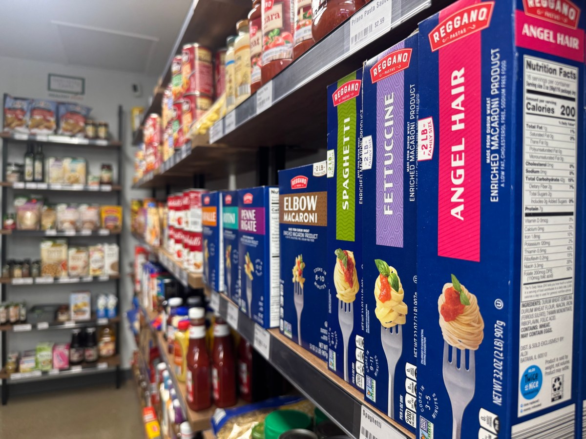 Close up of pasta boxes on shelves at North Tulsa's Grocery Box