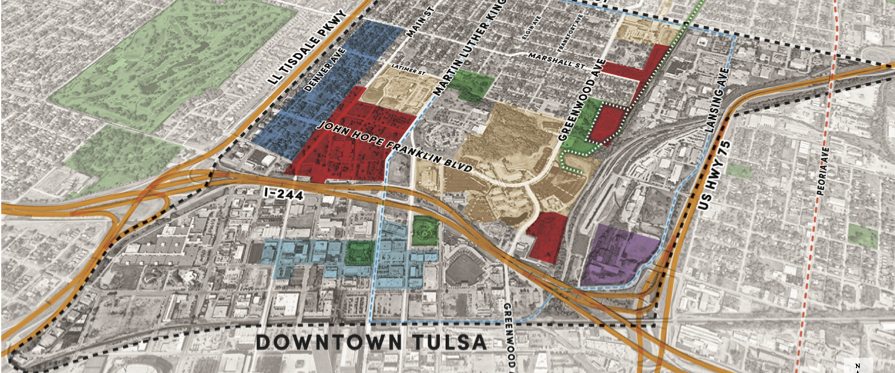 A map with different colors highlighting areas of Tulsa.