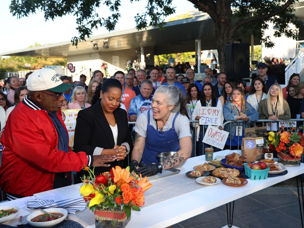 Cat Cox of Country Bird Bakery, right, conducts a live cooking demonstration during the "3rd Hour of TODAY" live tapping at Guthrie Green on Oct. 10, 2025.