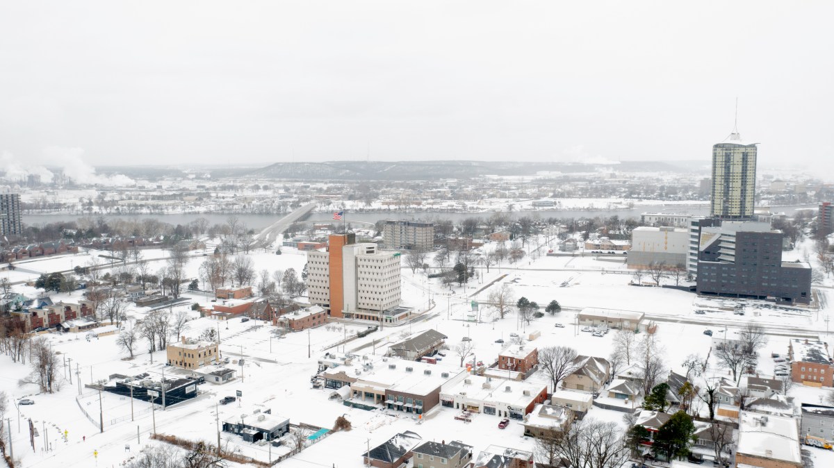 Aerial images snow a neighborhood near the Arkansas River covered in snow Jan. 24, 2026.