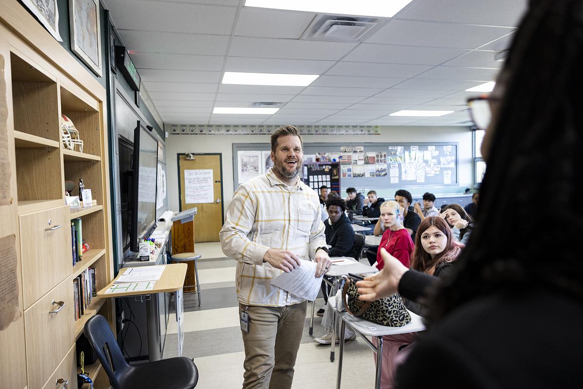 Kraig Mewbourne is surprised by Tulsa Public Schools Superintendent Ebony Johnson as he is presented with his nomination for 2026 Teacher of the Year at Tulsa Edison Preparatory School March 12, 2026
