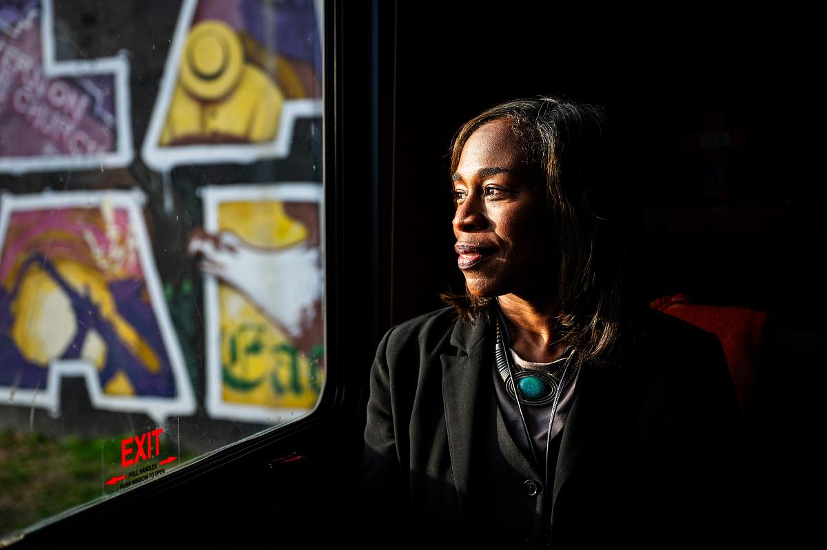 Ebony Skillens, executive director of Tulsa's Skillz On Weelz, sits on the organization's mobile mental health clinic bus March 13, 2026.