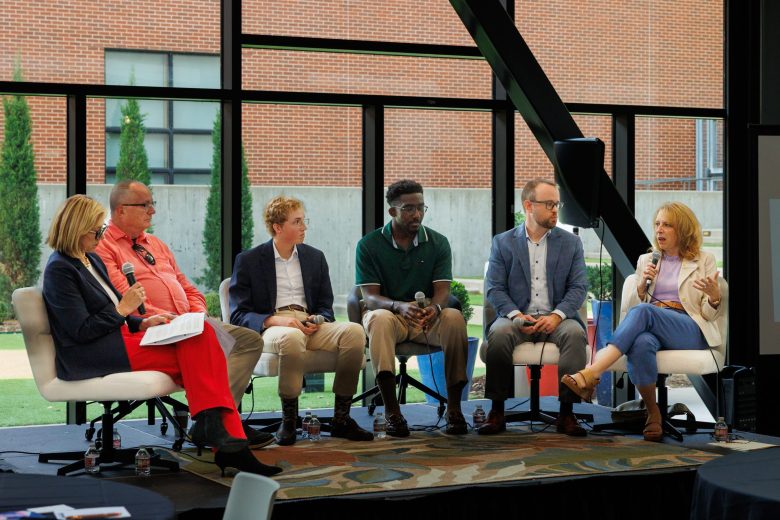 Left to right: Ziva Branstetter, CEO for the Tulsa Flyer; Mike Brose, consultant for the Tulsa Day Center; Garrett Yalch, reporter for The Frontier; Zack Stoycoff, president and CEO of Healthy Minds Policy Initiative; Christine Marsh, executive vice president for Family & Children's Services, hold a panel to discuss mental health care gaps in Oklahoma on March 30, 2026.