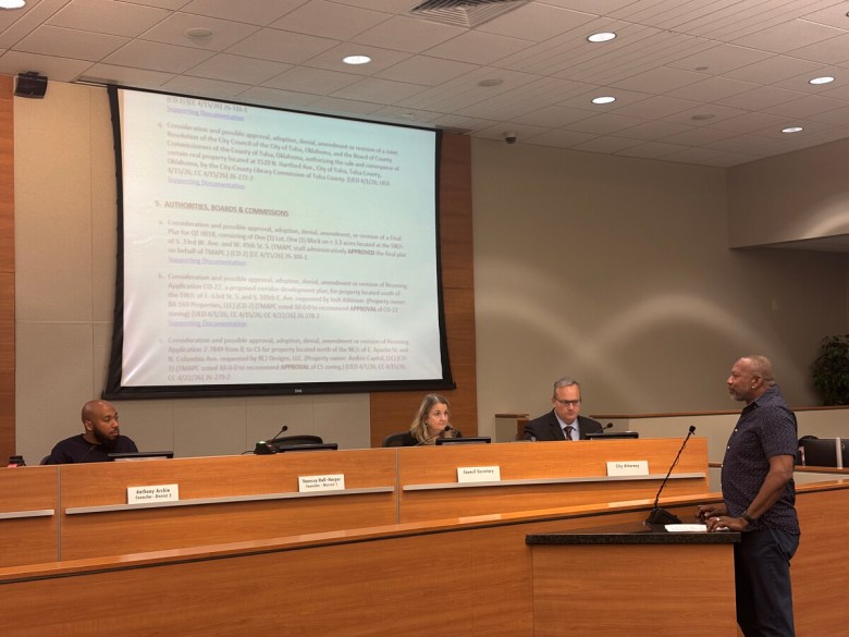 Darnell Blackmon, chairman of the Black Wall Street Chamber, voices support for the sale of the former Rudisill Library during an April 15, 2026, Tulsa City Council meeting.