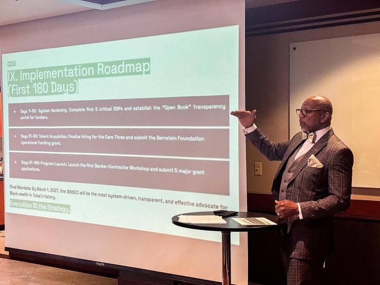 Darnell Blackmon, chairman of the Black Wall Street Chamber of Commerce outlines new strategic plan on April 10, 2026.