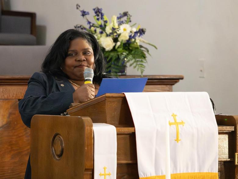 Kristi Williams, chair of the Beyond Apology Commission, speaks during The Vernon Witness interpretive center groundbreaking at Vernon AME Feb. 12, 2026.