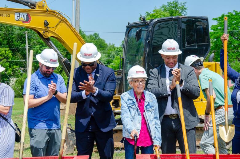 North Tulsa community advocate Jane A. Malone, center, smiles during a May 4, 2026, groundbreaking ceremony for renovations at Chamberlain Park.