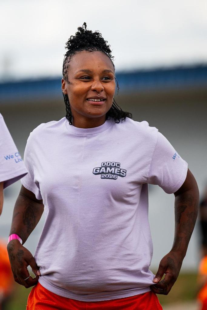 An inmate smiles during the first annual inmate games at Mabel Bassett Correctional Center on Friday, May 15, 2026. The games are meant to boost morale and encourage friendly competition.