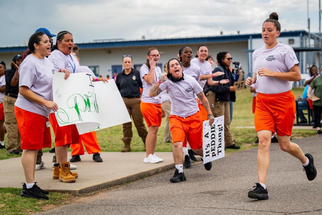 Angel Olejniczak held a commanding lead in the 2-mile run at Mabel Bassett Correctional Center during the May 15, 2026, regional ODOC games. 