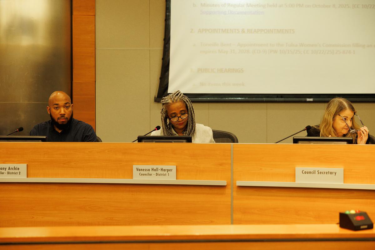 Tulsa City Councilor Vanessa Hall-Harper, center, listens during an Oct. 22, 2025, council meeting.