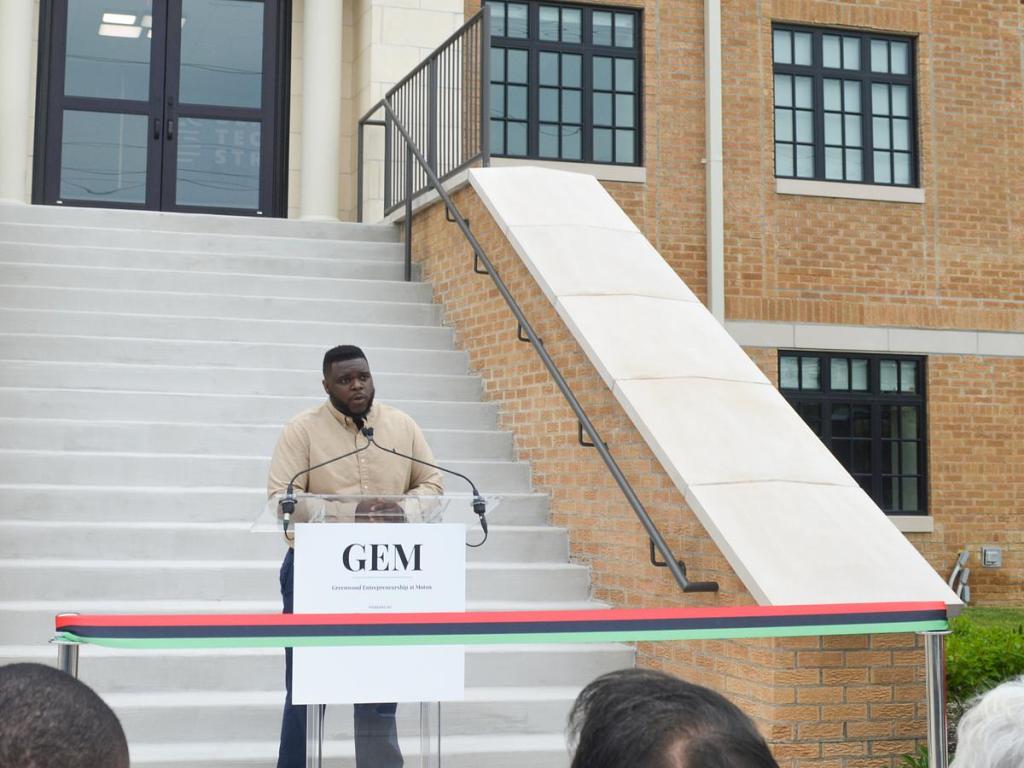 Black Tech Street founder Tyrance Billingsley II speaks at the Greenwood Entrepreneurship at Moton ribbon cutting on April 30, 2026.
