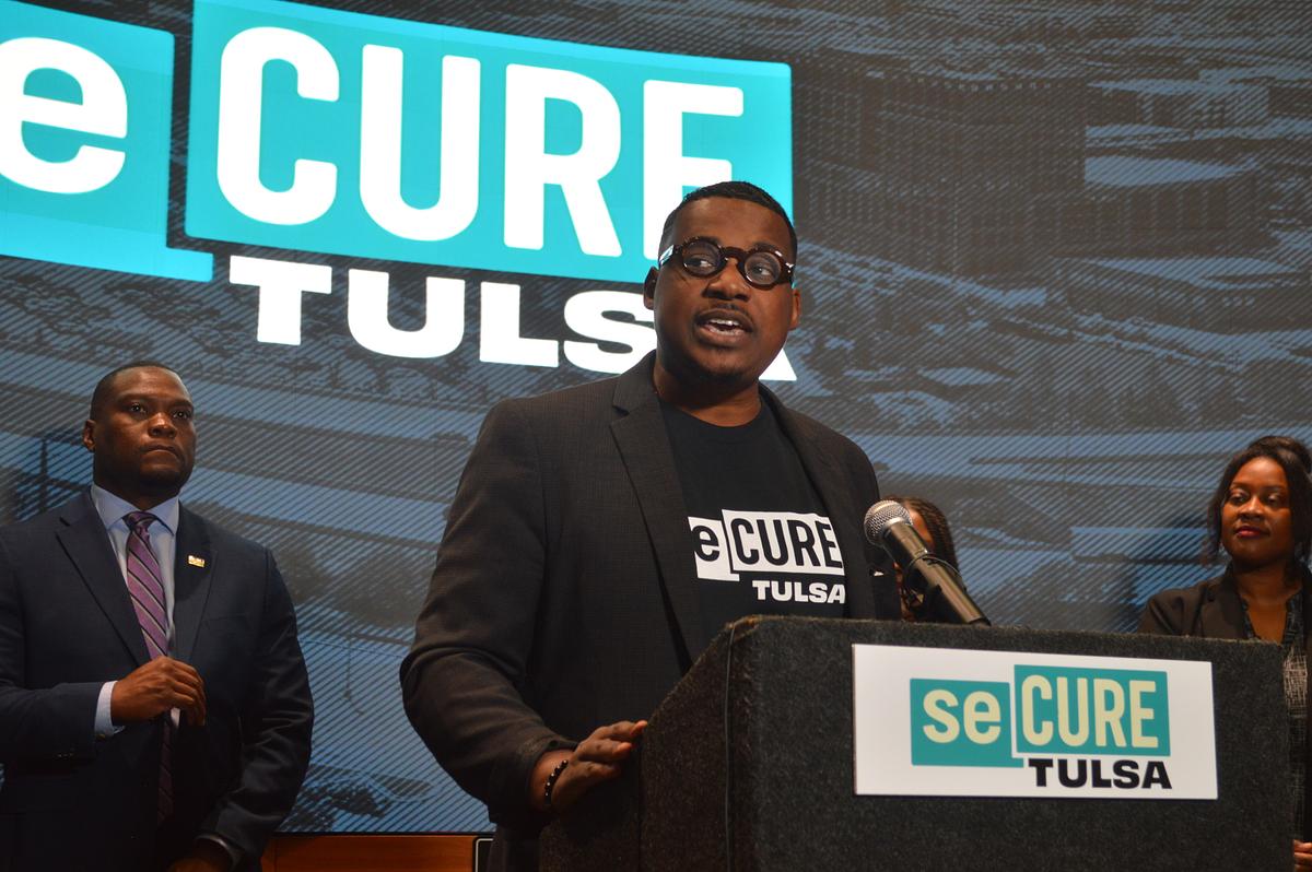 BerThaddaeus Bailey, managing director of My Brother's Keeper Tulsa, speaks during a May 12, 2026, press conference on the City of Tulsa's new community violence intervention initiative, Secure Tulsa.