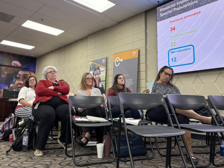 A group of female teachers sits in black chairs at a school board meeting