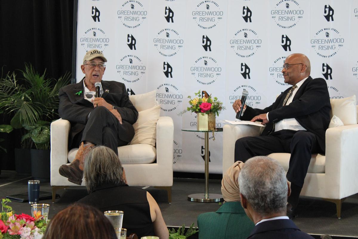 Former Lt. General Russel Honoré discusses community resilience in the aftermath of tragedy with Flyer and Eagle editor Gary Lee at The Vista 21 on June 1, 2026.