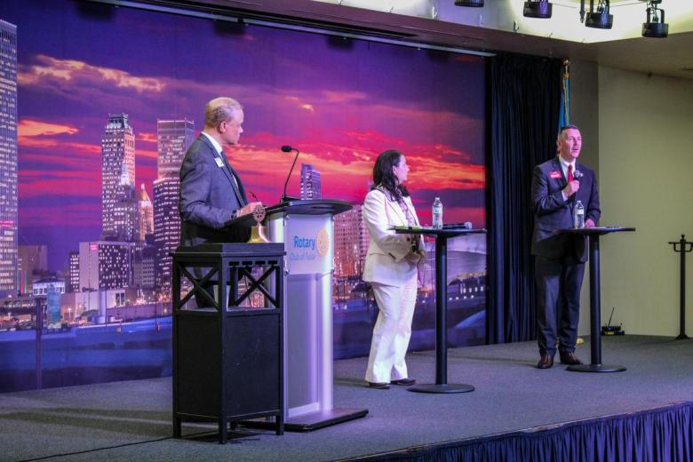 Steve Kunzweiler, Tulsa County District attorney and DA candidate Colleen  McCarty discuss their priorities leading into the election at the Tulsa Rotary Club on June 10, 2026. 

Left to right: Hannibal B. Johnson, Colleen McCarty, Steve Kunzweiler