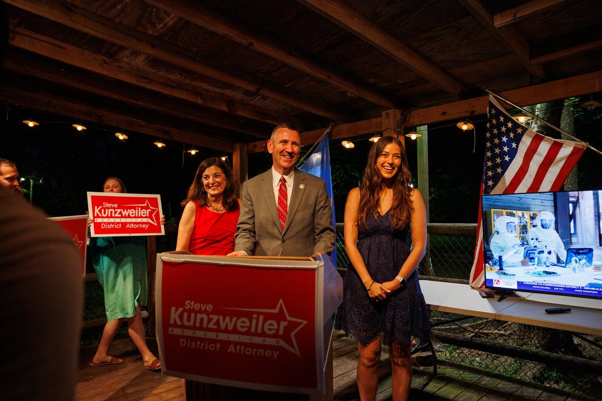 Tulsa County District Attorney Steve Kunzweiler celebrates his re-election after winning the Republican primary against Colleen McCarty on June 16, 2026. No Democrats filed to run, so Kunzweiler automatically wins the seat.