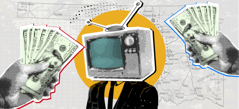 money being handed to political candidate with TV for head