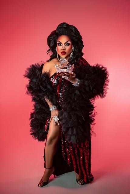 Londenn D. Raine in drag. Raine holds the title of Miss Gay Oklahoma America Femme, a pageant competition specifically for transgender women.

