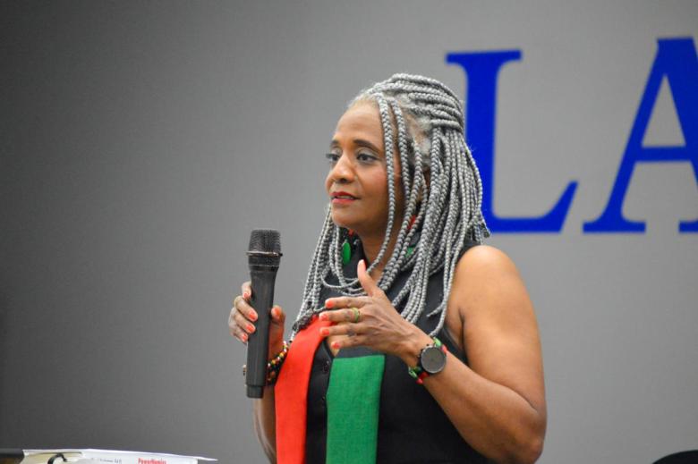 District 1 City Councilwoman Vanessa Hall-Harper speaks during a town hall on the future of the former Rudisill Library site on North Hartford Avenue on July 14, 2026.