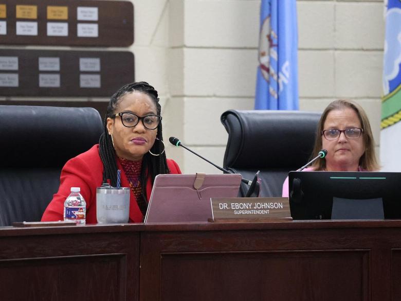 Tulsa Public Schools Superintendent Ebony Johnson listens during an Aug. 4, 2025, board meeting.