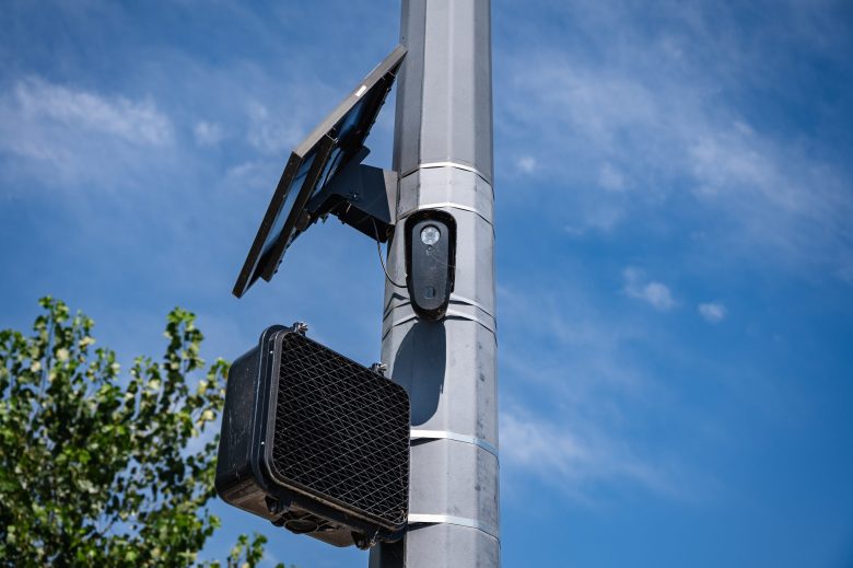 A Flock Safety camera is installed near the Gathering Place Aug. 28, 2026.