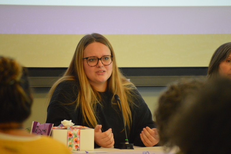 Natasha Wiedel, education and outreach coordinator for Domestic Violence Intervention Services, talks about common misconceptions about domestic violence during an Oct. 22, 2026, panel discussion.