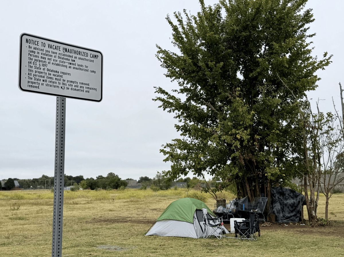 People were camping on a state-owned patch of land next to Food and Shelter in Norman Oct. 3, 2026.