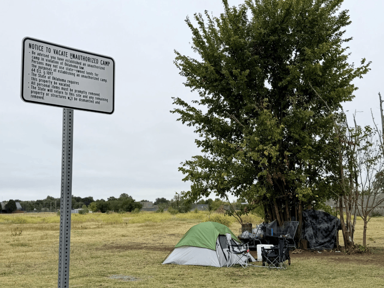 People were camping on a state-owned patch of land next to Food and Shelter in Norman Oct. 3, 2026.